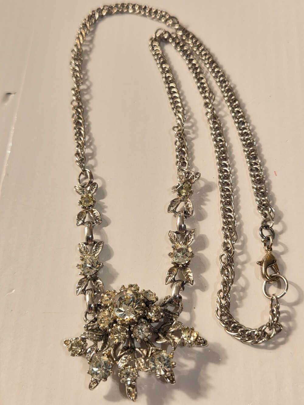 Silver-Tone Floral Crystal Pendant Necklace - Pale Yellow Crystals